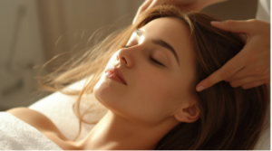Woman with closed eyes receiving a gentle head massage with hands on her scalp