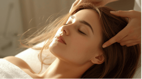 Woman with closed eyes receiving a gentle head massage with hands on her scalp