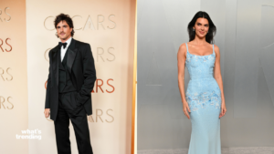 Actor Jacob Elordi in a black tuxedo and model Kendall Jenner in a light blue gown at the Oscars event.