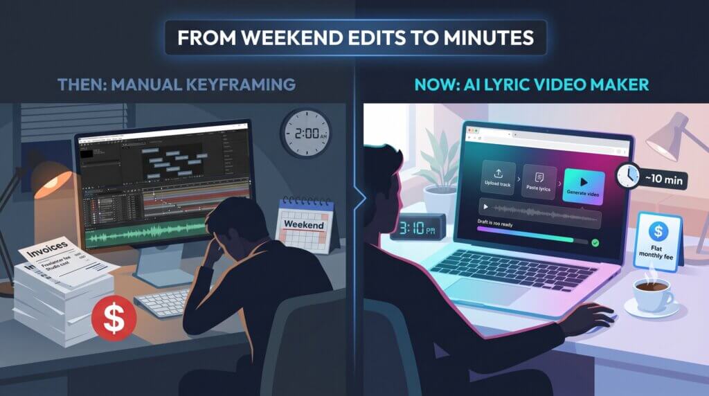 Comparison of manual keyframing video editing at 2 AM versus AI lyric video maker completing in 10 minutes at 3:10 PM.