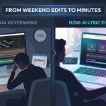 Comparison of manual keyframing video editing at 2 AM versus AI lyric video maker completing in 10 minutes at 3:10 PM.