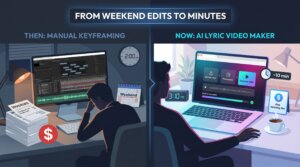 Comparison of manual keyframing video editing at 2 AM versus AI lyric video maker completing in 10 minutes at 3:10 PM.