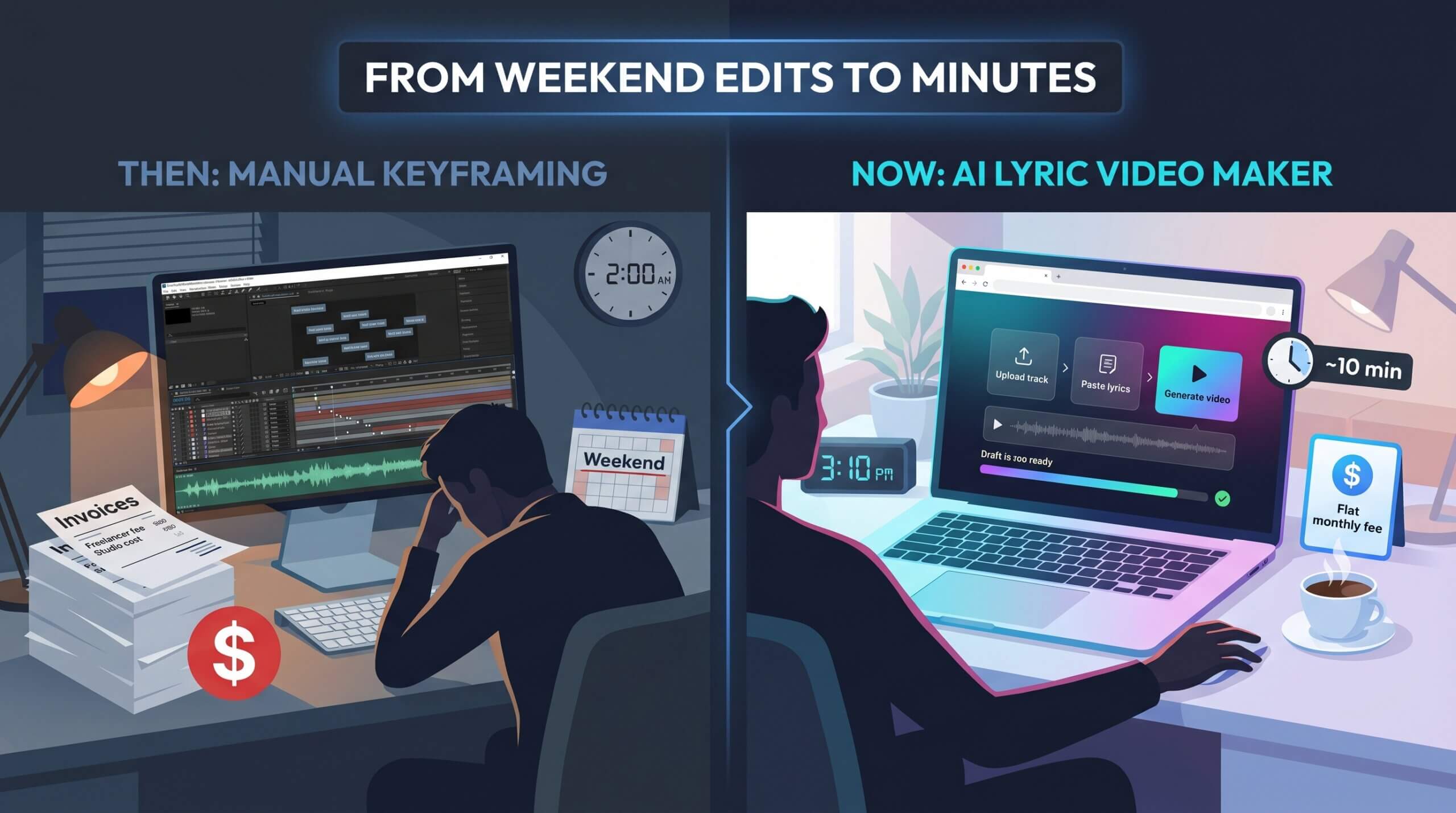 Comparison of manual keyframing video editing at 2 AM versus AI lyric video maker completing in 10 minutes at 3:10 PM.