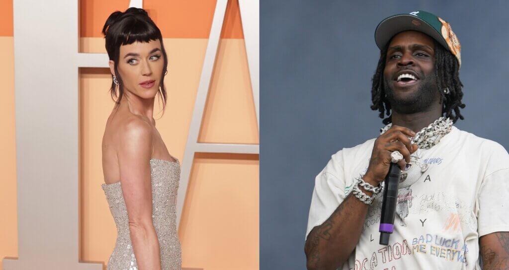 Katy Perry in a strapless dress at an event and rapper Big Sean performing on stage with a microphone.
