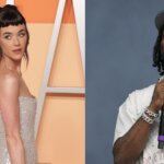 Katy Perry in a strapless dress at an event and rapper Big Sean performing on stage with a microphone.
