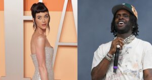 Katy Perry in a strapless dress at an event and rapper Big Sean performing on stage with a microphone.