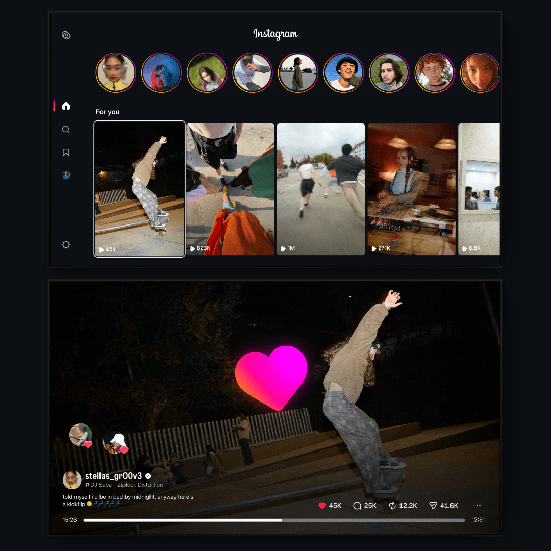Orang yang melakukan kickflip di atas skateboard pada malam hari dalam postingan video Instagram oleh pengguna stellas_gr00v3.