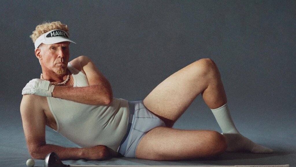 Man in white tank top, shorts, and visor lying on side with golf clubs and ball on gray background