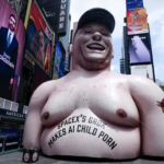 Inflatable caricature of Elon Musk with "SpaceX's Grok Makes AI Child Porn" text in Times Square, New York.