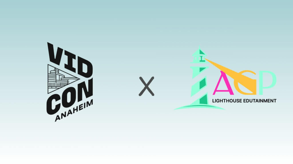 VidCon Anaheim logo next to AGP Lighthouse Edutainment logo with a lighthouse and spotlight on a light blue background
