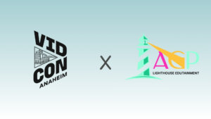 VidCon Anaheim logo next to AGP Lighthouse Edutainment logo with a lighthouse and spotlight on a light blue background