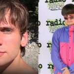 Close-up of a young man with brown hair outdoors next to a man wearing a purple and pink Montbell jacket and red sunglasses at Radio 104.5 event