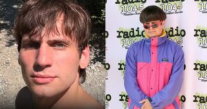 Close-up of a young man with brown hair outdoors next to a man wearing a purple and pink Montbell jacket and red sunglasses at Radio 104.5 event