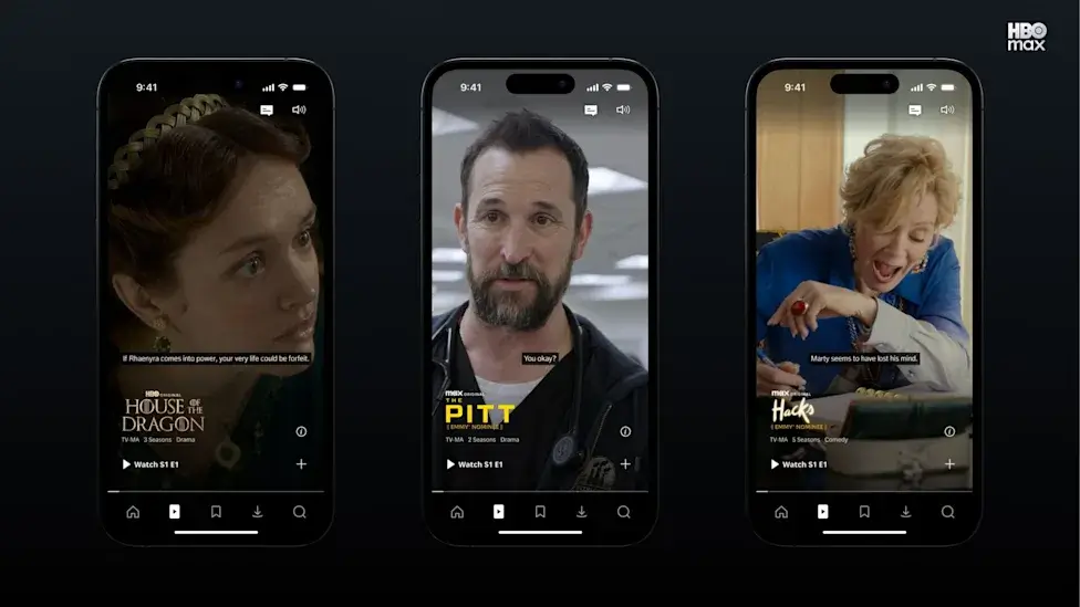 Three HBO Max shows displayed on smartphones: House of the Dragon, The Patient, and Hacks.