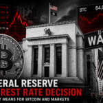 Federal Reserve building with Wall Street sign, Bitcoin symbol, and stock market decline charts.