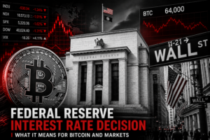 Federal Reserve building with Wall Street sign, Bitcoin symbol, and stock market decline charts.