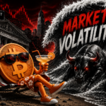 Bitcoin coin character relaxing on Wall Street with a cocktail facing a charging bull and market volatility signs