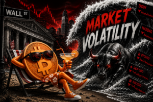 Bitcoin coin character relaxing on Wall Street with a cocktail facing a charging bull and market volatility signs