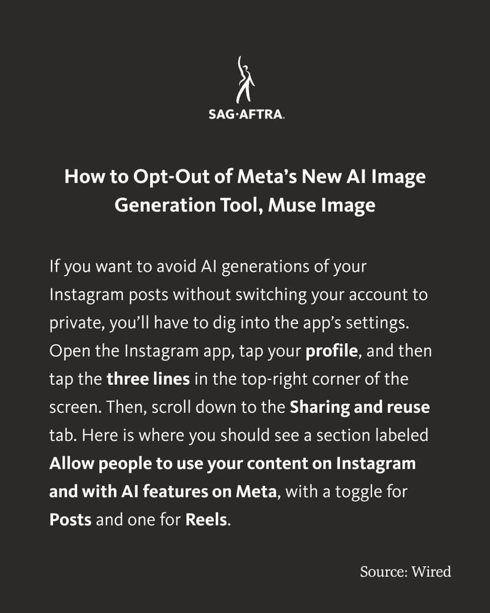 SAG-AFTRA guide on opting out of Meta’s AI image generation tool Muse Image for Instagram posts and reels.