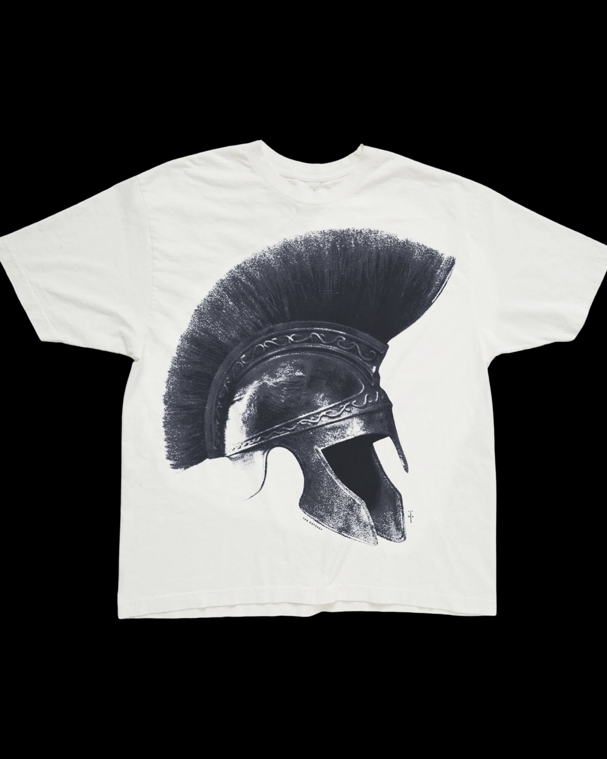 White T-shirt with a large black graphic of a Spartan helmet and plume on the front.