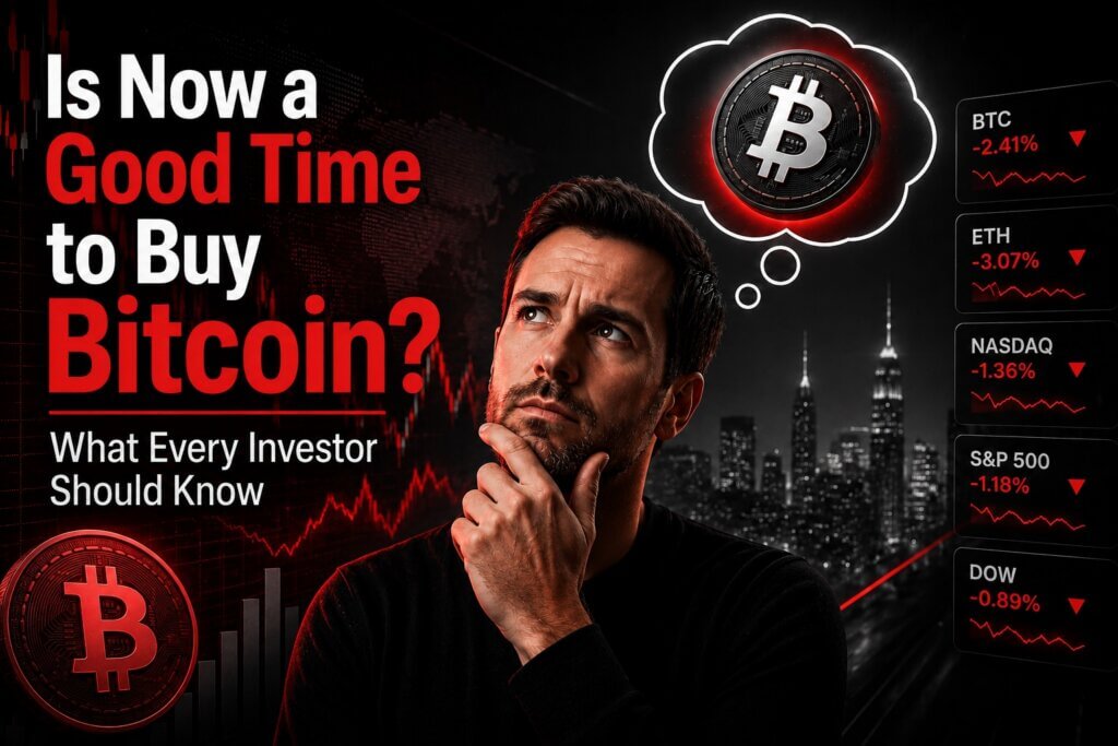 Man contemplating Bitcoin purchase with declining BTC, ETH, NASDAQ, S&P 500, and DOW stock charts in background