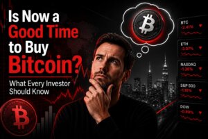 Man contemplating Bitcoin purchase with declining BTC, ETH, NASDAQ, S&P 500, and DOW stock charts in background
