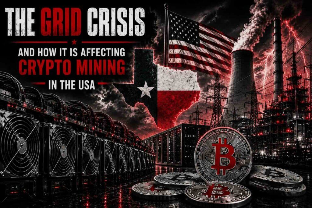 Bitcoin mining rigs, Texas map with flag, American flag, and power plant under stormy sky with text about grid crisis and crypto mining in the USA