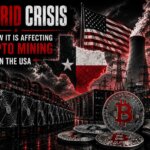 Bitcoin mining rigs, Texas map with flag, American flag, and power plant under stormy sky with text about grid crisis and crypto mining in the USA