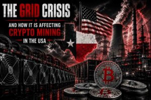 Bitcoin mining rigs, Texas map with flag, American flag, and power plant under stormy sky with text about grid crisis and crypto mining in the USA
