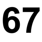 Black number 67 on a white background