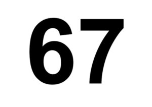 Black number 67 on a white background