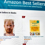 Amazon Best Sellers page showing top books including "Spare" by Prince Harry and "Bored of Lunch" by Nathan Anthony.