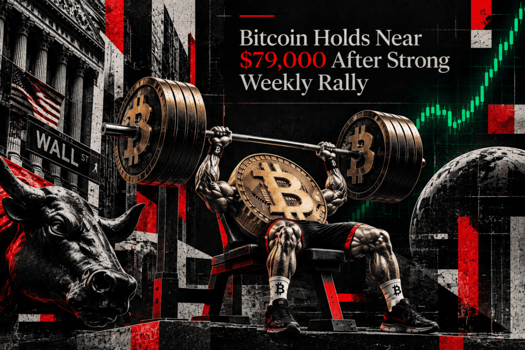 Muscular figure with a Bitcoin coin head bench pressing weights with Bitcoin logos near Wall Street and a bull statue.