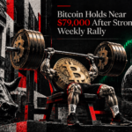 Muscular figure with a Bitcoin coin head bench pressing weights with Bitcoin logos near Wall Street and a bull statue.