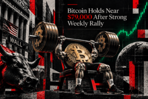 Muscular figure with a Bitcoin coin head bench pressing weights with Bitcoin logos near Wall Street and a bull statue.