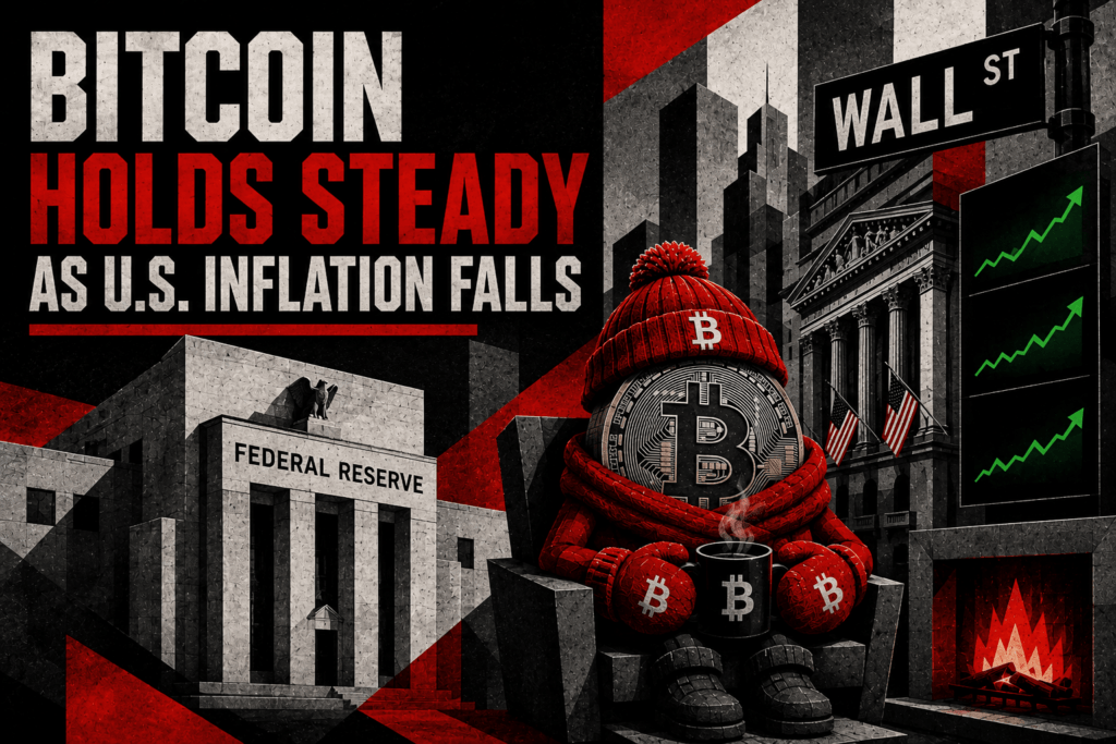 Bitcoin coin character in red winter clothes holding a coffee cup by a fireplace near Federal Reserve and Wall Street signs with rising charts.