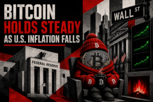 Bitcoin coin character in red winter clothes holding a coffee cup by a fireplace near Federal Reserve and Wall Street signs with rising charts.