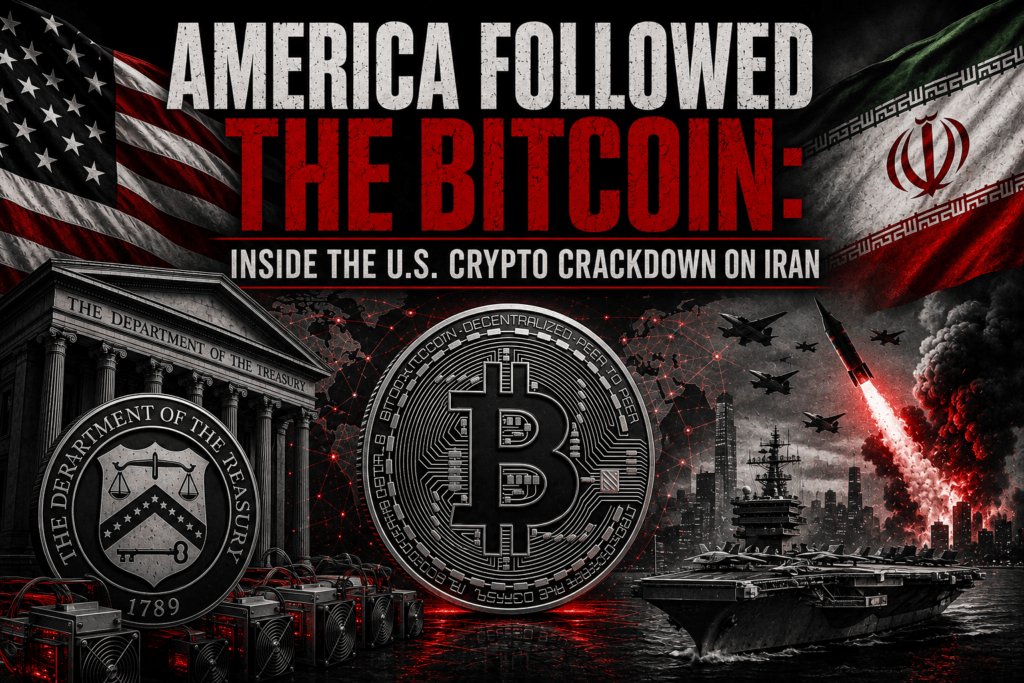 Bitcoin symbol between U.S. Treasury building and Iranian flag with military jets and missile launch over a cityscape.