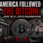 Bitcoin symbol between U.S. Treasury building and Iranian flag with military jets and missile launch over a cityscape.