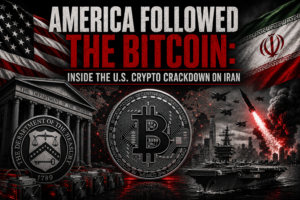 Bitcoin symbol between U.S. Treasury building and Iranian flag with military jets and missile launch over a cityscape.