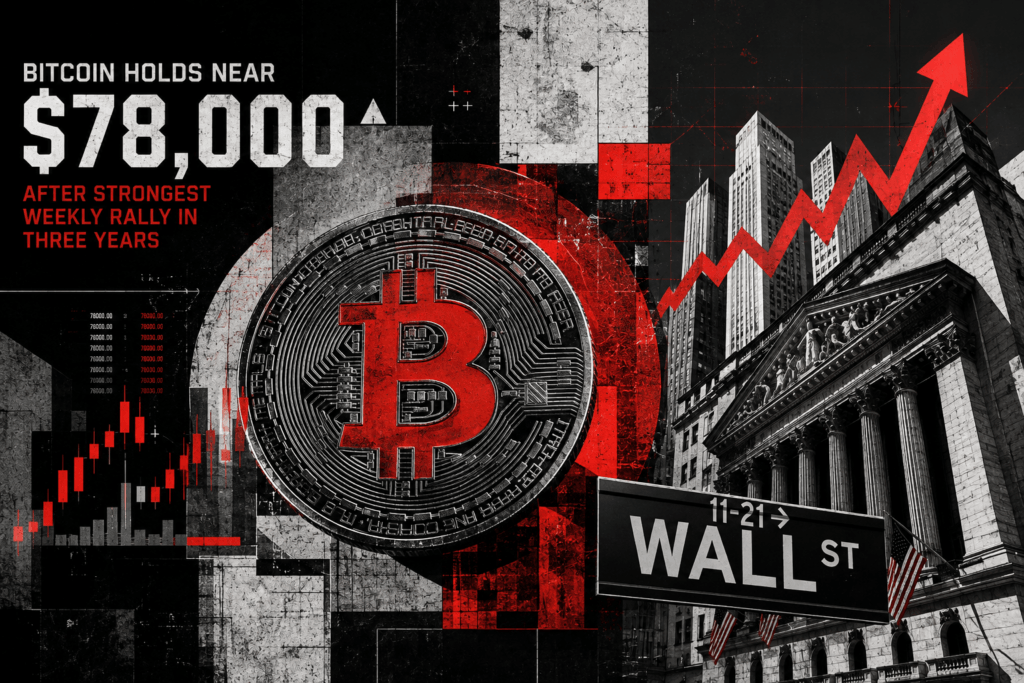 Bitcoin price holds near $78,000 after strongest weekly rally in three years with Wall Street buildings and upward trend arrow.