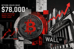 Bitcoin price holds near $78,000 after strongest weekly rally in three years with Wall Street buildings and upward trend arrow.