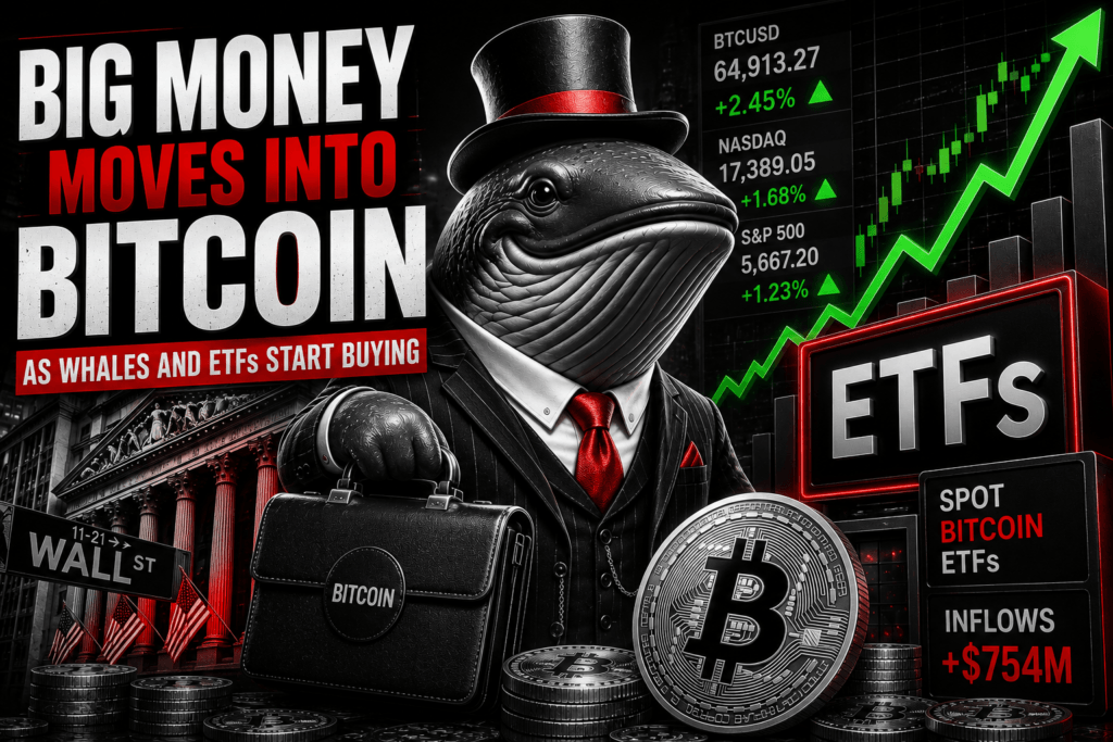 Anthropomorphic whale in suit holding Bitcoin briefcase with rising stock charts and ETF inflows of $754M.