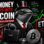 Anthropomorphic whale in suit holding Bitcoin briefcase with rising stock charts and ETF inflows of $754M.