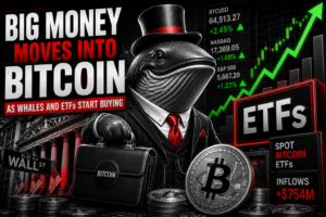 Anthropomorphic whale in suit holding Bitcoin briefcase with rising stock charts and ETF inflows of $754M.