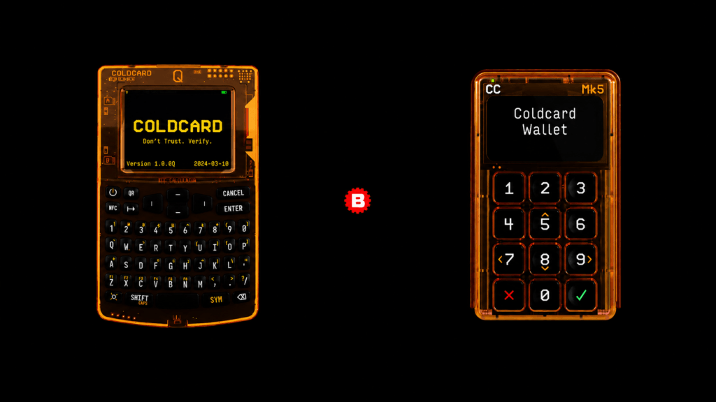 Two Coldcard hardware cryptocurrency wallets with illuminated orange casing on a black background.