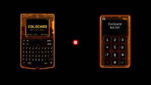 Two Coldcard hardware cryptocurrency wallets with illuminated orange casing on a black background.