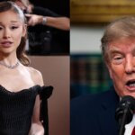 Ariana Grande in a black dress at an event and Donald Trump speaking at a podium with a microphone.