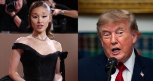 Ariana Grande in a black dress at an event and Donald Trump speaking at a podium with a microphone.
