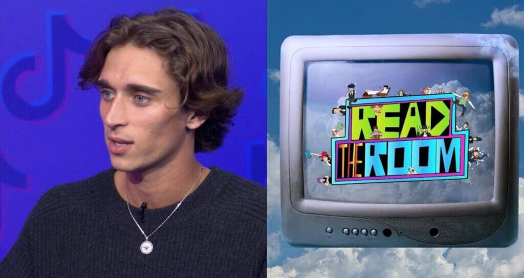 TikTok star Khaby Lame speaking with TikTok logo background next to a TV screen showing "Read The Room" logo.